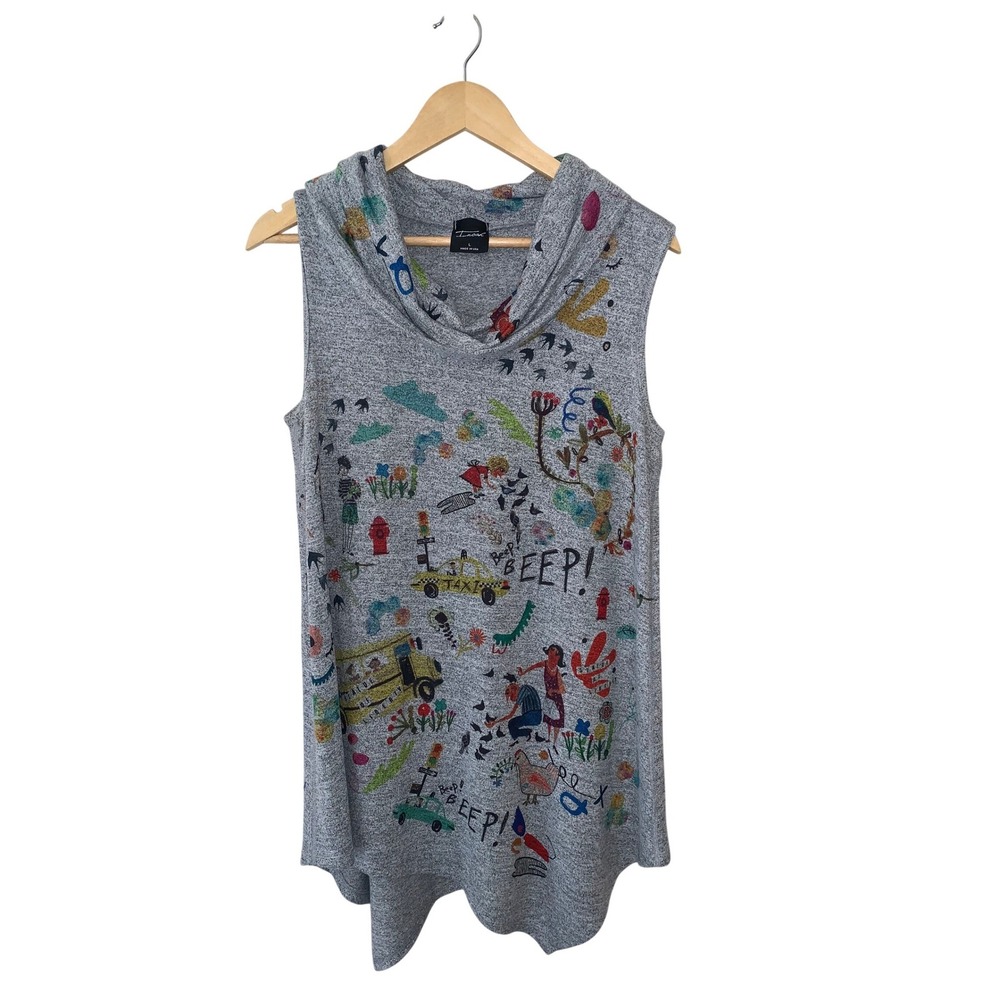 INoah Womens Cowl Neck Sleeveless Tunic Gray School Bus, Statue of Liberty Sz Lg